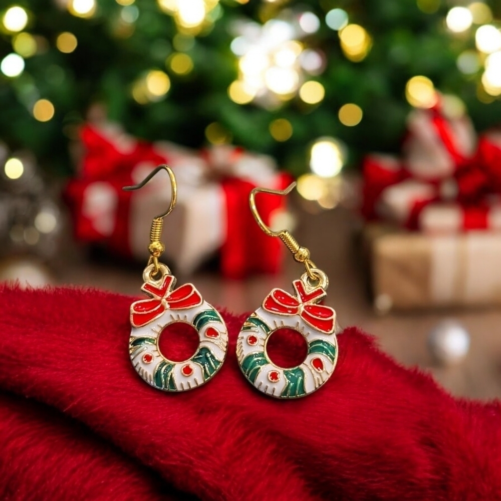 Festive Wreath Holiday Dangle Earrings - Picture 2 of 2
